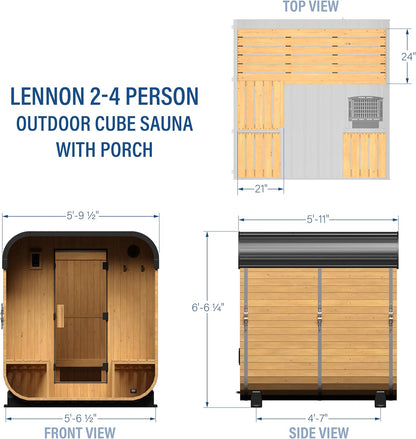 Backyard Discovery Lennon 2-4 Person Traditional Cedar Outdoor Cube Sauna with Porch, Electric Sauna Heater, Sauna Rocks, Dry Heat, Steam Sauna, LED Lights, Wi-Fi Control, Sauna Accessories