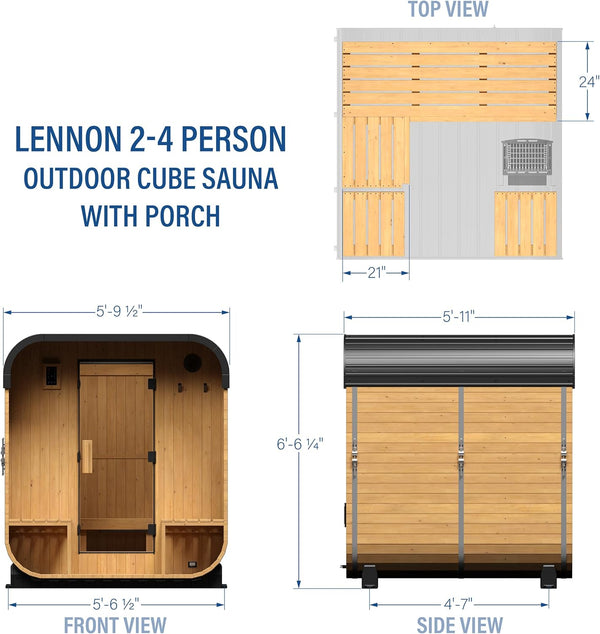 Lennon 2-4 Person Traditional Cedar Outdoor Cube Sauna with Porch, Electric Sauna Heater, Sauna Rocks, Dry Heat, Steam Sauna, LED Lights, Wi-Fi Control, Sauna Accessories