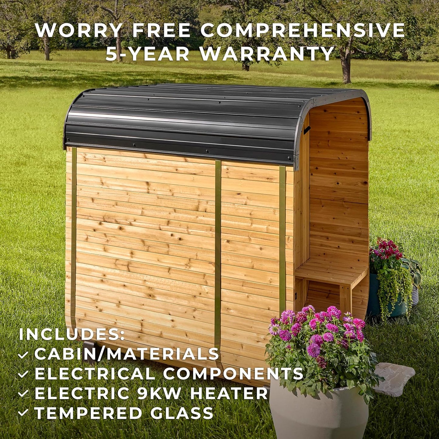 Backyard Discovery Lennon 2-4 Person Traditional Cedar Outdoor Cube Sauna with Porch, Electric Sauna Heater, Sauna Rocks, Dry Heat, Steam Sauna, LED Lights, Wi-Fi Control, Sauna Accessories