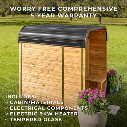 Backyard Discovery Lennon 2-4 Person Traditional Cedar Outdoor Cube Sauna with Porch, Electric Sauna Heater, Sauna Rocks, Dry Heat, Steam Sauna, LED Lights, Wi-Fi Control, Sauna Accessories