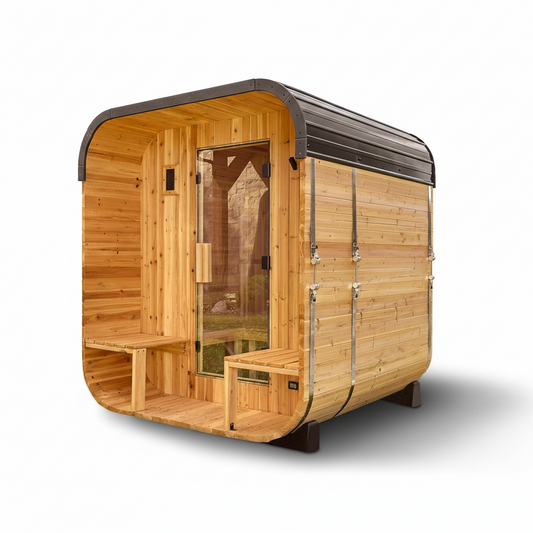Lennon 2-4 Person Traditional Cedar Outdoor Cube Sauna with Porch, Electric Sauna Heater, Sauna Rocks, Dry Heat, Steam Sauna, LED Lights, Wi-Fi Control, Sauna Accessories